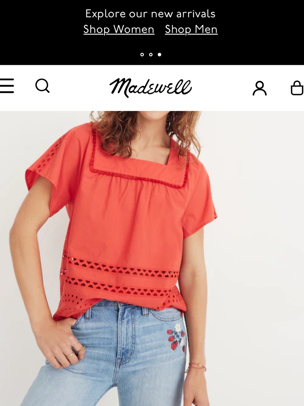 Madewell Coral Eyelet Square-Neck Angelica Short Sleeve Top - Picture 2 of 4